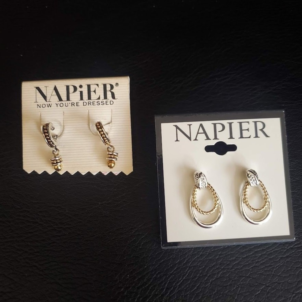 Napier 2 Pair Earring Set Two Tone Gold Silver Hoop Dangle Drop NEW